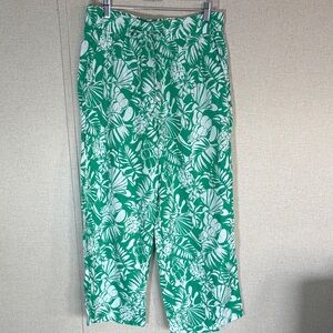 Nicole Miller New York Linen Pants Medium Green Tropical Resort Vacation Casual